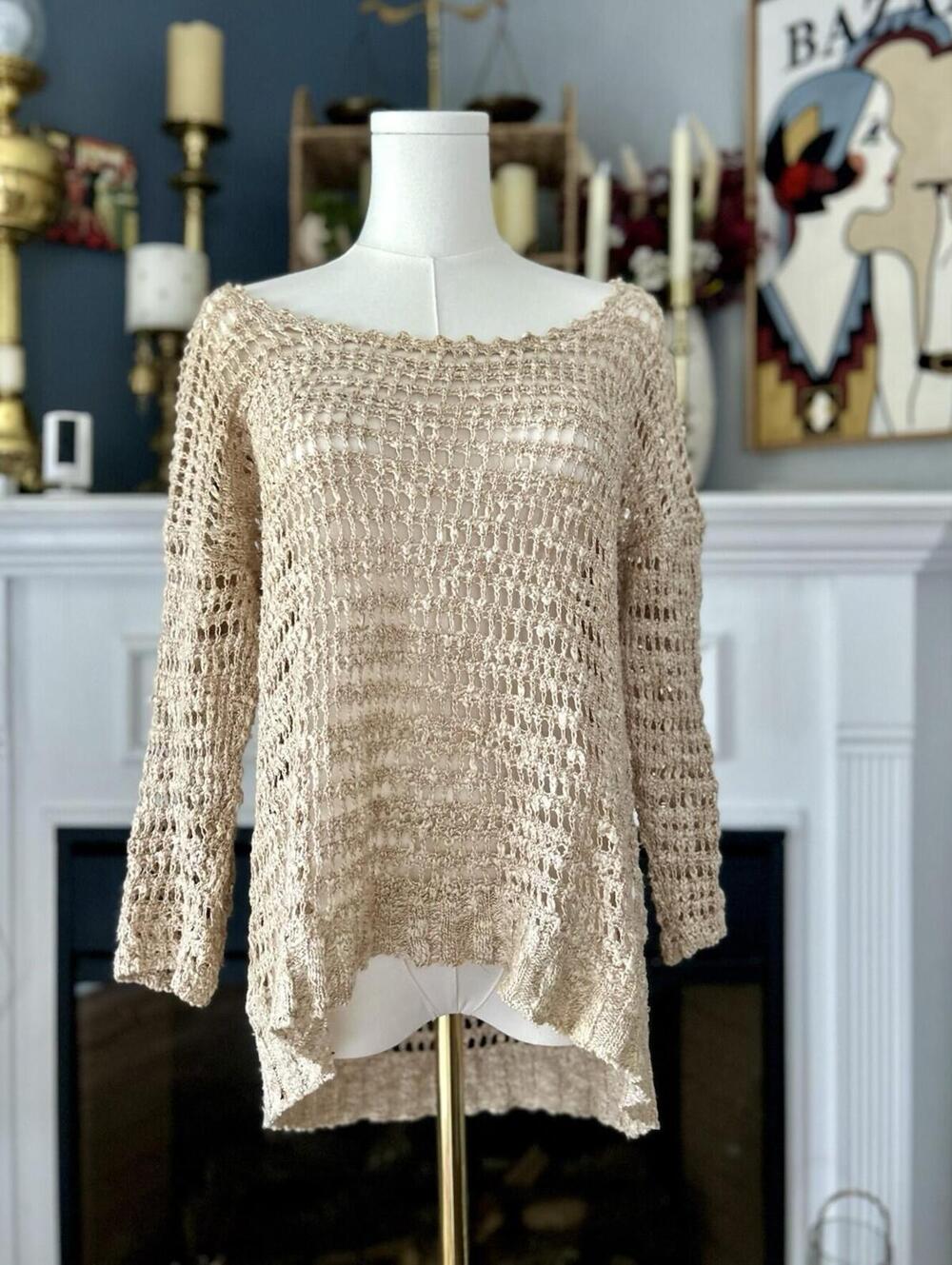 Lucky Brand Scoop Neck Open Boucle´ Knit Sweater Ivory & Tan Heather Sz S